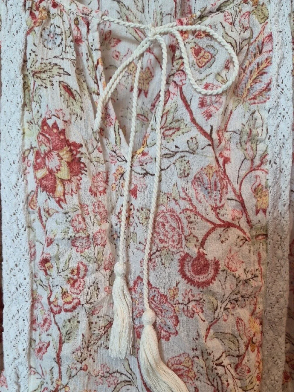 Chaps Cream Floral Tie-Front Peasant Tunic - Picture 3 of 10